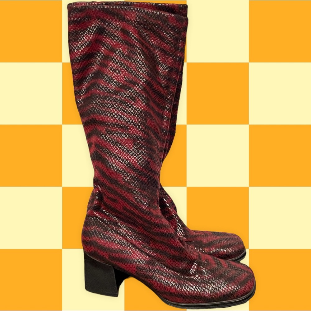 Y2K Elastic Heeled Snake Print Red Boots
